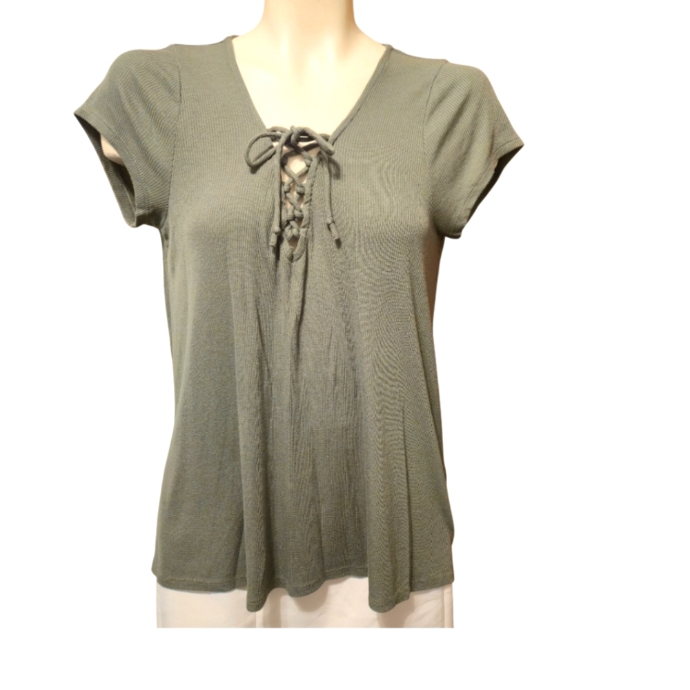 HOLLISTER Deep V Lace Up‎ Cap Sleeve Flowy Ribbed Y2K Olive Green Size Medium